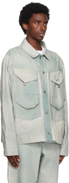 Garment-dyed non-stretch deadstock cotton denim jacket. Fading throughout. · Paneled construction · Spread collar · Button closure · Flap pockets · Logo plaque at front hem · Single-button barrel cuffs · Unlined · Logo-engraved silver-tone hardware Supplier color: Green patina Aime Leon Dore Denim Jacket, Vintage Puffer Jacket, Denim Inspiration, Green Patina, Aime Leon Dore, Casual Jackets, Mens Vintage, Denim Coat Jacket, Mens Fall