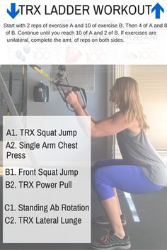 a woman is doing squats on the floor in front of a ladder workout poster