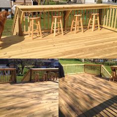 a dog standing on top of a wooden deck next to an outdoor bar and grill area