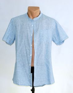 Men's linen shirt, short sleeve button down men's shirt, blue linen button shirt, summer shirt.  marked size S Great condition . one chest pockets by F&F, Linen 52% cotton 48% Measurements: (laying flat ) Shoulder to shoulder-17,75''/45 cm Armpit to armpit- 17,5 "/44 cm Waist- 18,5 "/ 47 cm Total length- 29,5''/75 cm Sleeve length 8,75" / 22 cm weight - 0,18 kg- 0.40 Lb The main benefit of wearing linen clothes in hot weather is the coolness they provide. Thanks to the weave and linen fiber spec Linen Shirt Men, Shirt Short Sleeve, Linen Clothes, Button Shirt, Summer Shirts, Linen Shirt, Linen Fabric, Favorite Outfit, Mens T