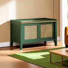 a living room scene with focus on the coffee table and sideboard in the background