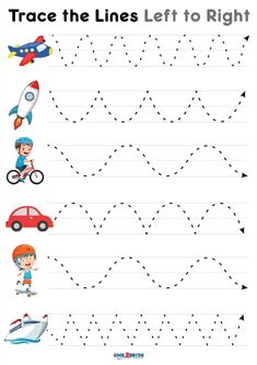 trace the lines left to right worksheet for kids with pictures and words on it