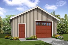 a two car garage is shown with flowers in the front yard and trees behind it