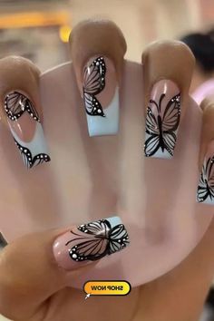 Fake Nails French Tip, Elegant Touch Nails, Nails French Tip, Beach Nail Designs, Grey Nail Designs, French Tip Press On Nails, Butterfly Nail Art, Cute Spring Nails