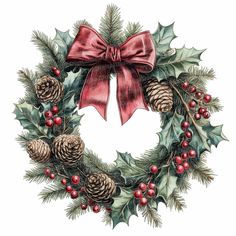 a christmas wreath with holly, pine cones and red berries on it's side