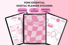 the pink essential planner stickers are shown in three different sizes and shapes, with text on