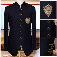 Tailor-made embellished black prince coat with antique brass buttons Graduation Jacket, Prom Jacket, Prince Suit, Prince Coat, Mens Wear Wedding, Groom Dress Men, Wedding Dresses Men Indian, Indian Groom Wear, Mens Kurta Designs