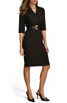 Smooth darts and a bold belt elevate this go-anywhere sheath dress topped by notched lapels. 40 1/2" length Back zip closure Notched lapels Short sleeves Removable belt Lined 63% polyester, 32% rayon, 5% spandex Dry clean Imported Black Fitted V-neck Belted Dress, V-neck Belted Dress For Work, Black Belted Business Dress, Classic Belted Blazer Dress For Formal Occasions, Classic Formal Belted Blazer Dress, Elegant Belted Blazer Dress With Notch Lapel, Fitted V-neck Belted Dress For Office, Fitted V-neck Blazer Dress For Career, Belted Business Dresses For Office