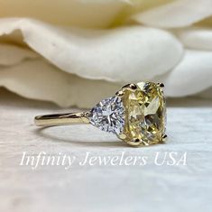 Cushion Cut Engagement Ring for Ladies Canary Yellow | Etsy Anniversary Radiant Cut Diamond Ring With Accent Stones, Yellow Diamond Wedding Ring With Accent Stones, Gold Three Stone Radiant Cut Ring, Gold Radiant Cut Three Stone Ring, Yellow Emerald-cut Diamond Wedding Ring, Emerald Cut Yellow Rings For Wedding, Yellow Emerald-cut Wedding Rings, Radiant Cut Yellow Rings For Wedding, Yellow Three Stone Anniversary Rings