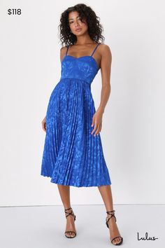 You'll never be lacking a stylish party dress when you've got the Lulus Chic Sensibility Cobalt Blue Satin Jacquard Pleated Midi Dress! Sleek woven satin, with floral embossing, shapes adjustable spaghetti straps that support a bustier-inspired bodice with a high waist. Skirt features elegant pleating as it falls to a midi hem. Hidden zipper/clasp at back. Fit: This garment fits true to size. Length: Knee to mid-calf length. Size medium measures 40" from top to bottom. Bust: Great for any cup si Summer Wedding Guest Dress Short, Cocktail Dresses For Wedding Guests, Formal Wedding Guest Dress Summer, Cocktail Dresses For Wedding, Cocktail Dress Classy, Dresses For Wedding Guests, Formal Wedding Guest Dress, Red Strapless Dress, Elegant Cocktail Dress