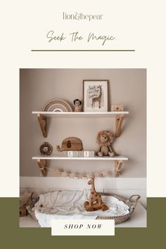 a baby's room with shelves and stuffed animals