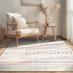 a living room with two chairs and a rug