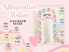 an affirmation station classroom decor is displayed on a pink background with hearts and ribbons