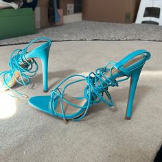 New , Never Worn. Long Straps You Can Tie Around The Ankles. Trendy Light Blue Party Sandals, Light Blue High Heels For The Beach, Blue High Heel Lace-up Sandals For Summer, Blue Round Toe Lace-up Sandals, Chic Turquoise Sandals For Summer, Trendy Blue Strappy Sandals, Turquoise Ankle Strap Heels For Summer, Summer Turquoise Ankle Strap Heels, Chic Turquoise Open Toe Sandals