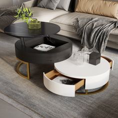 a living room filled with furniture next to a couch and coffee table on top of a rug