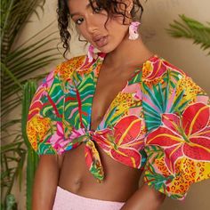 Super Cute And Stylish Ships In 5-10 Business Days Tropical Print Crop Top For Spring Vacation, Summer Crop Top With Tropical Print For Spring, Chic Multicolor Crop Top For Summer, Chic Multicolor Floral Print Crop Top, Tropical Print Crop Top For Spring, Spring Tropical Print Crop Top, Multicolor V-neck Crop Top For Vacation, Multicolor Summer Crop Top For Day Out, Summer Multicolor Crop Top For Day Out