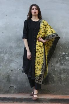 Shop for I am Design Black Embroidered Kurta With Pant And Woven Dupatta for Women Online at Aza Fashions Satin Suit, Latest Designer Dresses, Draping Fashion, Latest Designer Sarees, Sequin Embroidery, Black Embroidery, Dupatta Set, Ikat Print, Kurta With Pants