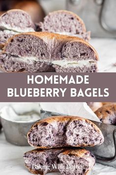 homemade blueberry bagels cut in half and stacked up on top of each other