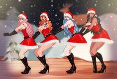 three women dressed as santa clause dancing in front of a snow covered background with christmas trees