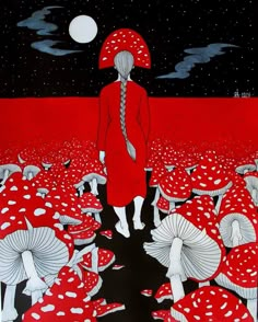 a woman in a red dress is standing among mushrooms