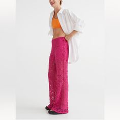 Genuine H&M New With Tag Material: 97% Cotton, 3% Elastane Color: Hot Pink Chic & Stylish Crochet Look Pants. Jersey Lining On Top. Zipper In Back. Looks Great Over Bikini Or With Linen Shirt H&m Summer Party Bottoms, H&m Spring Party Bottoms, H&m Party Bottoms For Summer, H&m Party Bottoms For Spring, Spring Party Bottoms From H&m, Chic H&m Wide-leg Pants, H&m Pink Bottoms For Summer, H&m Wide-leg Pants For Spring, H&m Pink Summer Bottoms