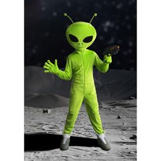 an alien is standing on the moon with his arms out and eyes closed, while holding a small object in one hand