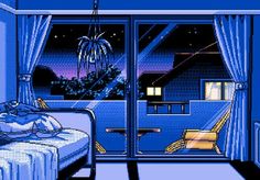 a bedroom with blue walls and curtains is shown in this pixel art style video game