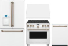 a white stove, refrigerator and oven with gold handles in front of a white background