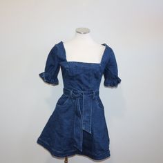 Slim Fit Bodice; A-Line Skirt Cotton-Rich Denim; Stretch Square Neckline Short Puffed Sleeves; Frilled Cuffs Belt-Looped Waist W/ Belt Twin Hip Pockets Gold-Toned Rear Zip Fastening Cobalt Blue Cocktail Dress, Tan Mini Dress, White Corset Dress, Plisse Dress, Flounce Hem Dress, Navy Blue Print, Black Mesh Dress, Blue Print Dress, Blue Cocktail Dress