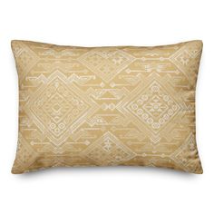 a yellow and white pillow with an intricate design on the front, along with a black border