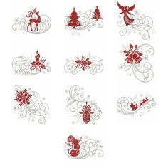 christmas ornaments and decorations are shown in red on white paper with swirly scrolls, snowflakes, and reindeers