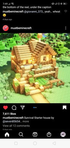 an image of a house made out of wood and grass with the words minecraft on it