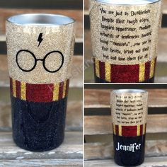 the harry potter tumbler is decorated with glitter