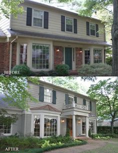 before and after shots of a house with green shutters on the front, from top to bottom