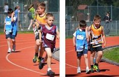 two pictures of young boys running on a track