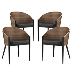 four modern chairs with black leather upholstered backrests and wood grained finish