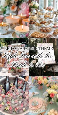 a collage of photos with flowers and desserts on it, including cookies, cupcakes, teacups and candles