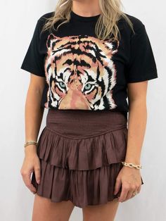 The vivid colors on this tiger tee make it a go-to for standing out in the crowd. This tee looks great under a denim jacket or front tucked and styled with a bright-colored blazer. SIZE & FIT Model is 5'6", wearing size small Tiger Print Short Sleeve T-shirt For Summer, Short Sleeve Tiger Print T-shirt For Summer, Trendy Fall T-shirt For Day Out, Summer Short Sleeve Tops With Tiger Print, Summer Cotton Tops With Tiger Print, Trendy Tiger Print Tops For Fall, Casual Tiger Print Tops For Spring, Summer Short Sleeve T-shirt With Tiger Print, Casual Tiger Print T-shirt For Summer