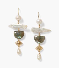 Lustrous white pearls, sourced from freshwater, serve as the focal point of these handmade earrings, exuding timeless beauty and classic allure. The dynamic arrangement of biwa pearls, labradorite, and citrine in a dramatic drop design adds an avant-garde touch, ensuring these earrings become a statement piece that elevates your style to new heights. Material: 18k gold plated sterling silver, freshwater pearls, labradorite, citrine Dimensions: 2.5"L Imported Pearl Statement Earrings, Unique Handmade Earrings, Biwa Pearls, Chan Luu, Jewelry Inspo, Jewelry Creation, High Quality Jewelry, Chandelier Earrings, Gold Plated Sterling Silver