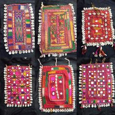 four pieces of embroidered cloth with beadings and beads on the sides, all in different colors