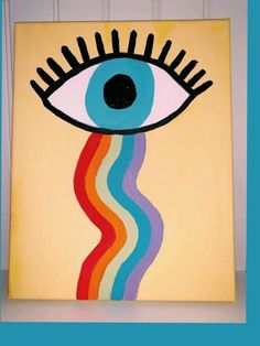 a painting with an eye and rainbow streamers on it