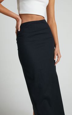 Vance Maxi Skirt - Linen Look Back Split Skirt in Black | Showpo USA Classic Fitted Midi Bottoms, Fitted Classic Midi Length Bottoms, Formal Stretch Midi Bottoms, Fitted Midi Length Bottoms For Night Out, Formal Stretch Midi Length Bottoms, Sleek Summer Skirt With Lining, Sleek Summer Lined Skirt, Sleek Fitted Asymmetrical Pencil Skirt, Fitted Midi-length Lined Skirt