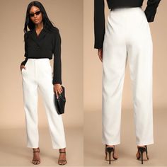 Lulus Build Your Dreams Ivory Straight Leg Trouser Pants New With Tags. These Chic Office Pants Are Composed Of Woven Fabric That Shapes A High-Waisted Fit With A Top Clasp, Hidden Button-Closure, And Zip Fly. Two Functional Welt Pockets Top Relaxed, Straight Pant Legs That End At A Trendy Ankle-Length Hem. Exposed Seam Detailing Gives These Pants A Tailored Finish! Shell: 95% Polyester, 5% Spandex. Lining: 95% Polyester, 5% Spandex. Fully Lined. Smoke Free Home Pet Free Home Ship Same Day Or Ne White Pantsuit For Office With Trousers, White Casual Pantsuit With Pockets, White High Waist Dress Pants For Work, Classic White Pantsuit, Elegant White Pantsuit With Pockets, White Pantsuit With Pockets For Work, Casual White Pantsuit With Pockets, Spring White Pantsuit With Pockets, White Dress Pants With Pockets For Work