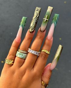 Green And Gold Acrylics, Gold Acrylics, Birthday Nail, Nails Nude, Hard Nails, Claw Nails, Ombre Acrylic Nails, Long Square Acrylic Nails