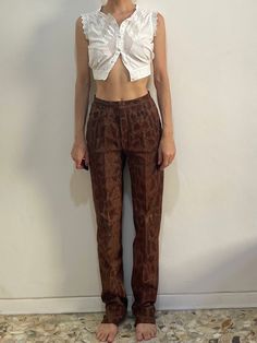 wowwww! 1970s Roberto Cavalli snake skin printed high waisted trousers.  Beautiful magical colors. Very renaissance fairy vibe.  Painterly snake print.   Look at the close up photos to see the cool snake print.  High waisted with a tapered leg.  Flat front.  Jeans type pockets.  Unlined.  Metal zipper fly with a metal snap at the waist.  Label Roberto Cavalli, Made in Italy. M. Suede leather. Specialty leather clean only. Very good vintage condition, suede is in great condition. I think that the Suede Trousers, Fairy Vibe, Cool Snakes, Types Of Jeans, Trousers Pants, Leather Cleaning, High Waisted Trousers, Roberto Cavalli, Trouser Pants