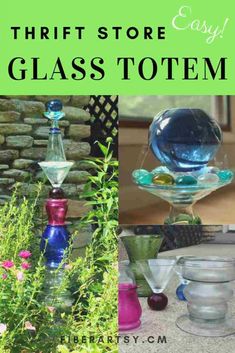 three different glass vases are shown with the words, thrift store glass totem