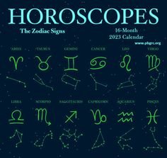 zodiac signs are shown in green on a blue background with stars and the words horoscopes