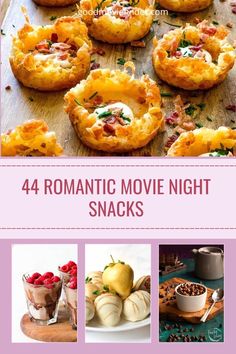 some food that is on top of a wooden table and has the words romantic movie night snacks