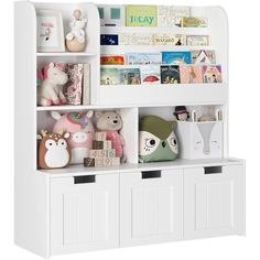 a white bookcase filled with books and stuffed animals