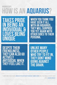 an ad for aquarius with four different types of words in blue, white and black